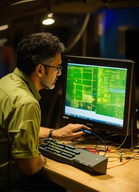 An engineer in a control room, monitoring the performance of a wind farm on a computer screen. The room is filled with indicators and data displays.