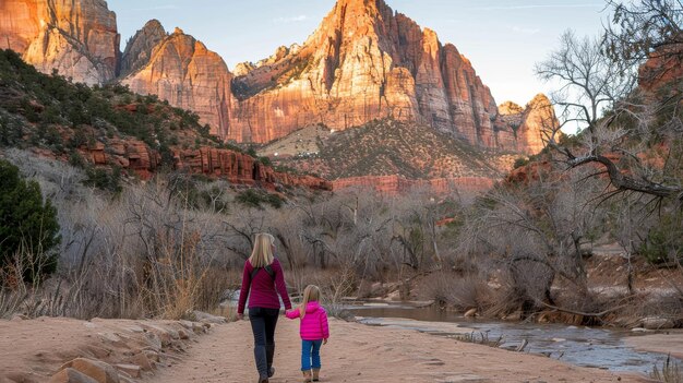 A family hiking on a well-maintained trail in Zion National Park, surrounded by towering red rock formations, demonstrating the accessible trails and stunning scenery attracting more visitors, showcasing conservation successes in trail maintenance.