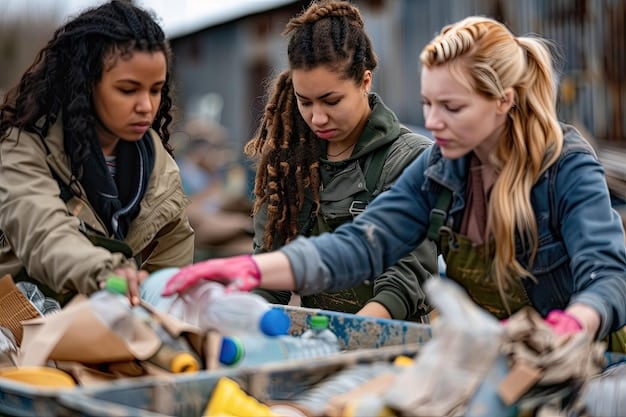 A close-up shot of a diverse group of volunteers sorting recyclable materials at a community recycling event in a suburban US neighborhood. The focus is on the collaborative effort and community involvement.