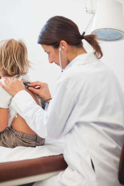 A photograph of a doctor examining a young child in a clinic. The image signifies improved healthcare access for children due to the reduction in child poverty and the positive outcomes of social programs.