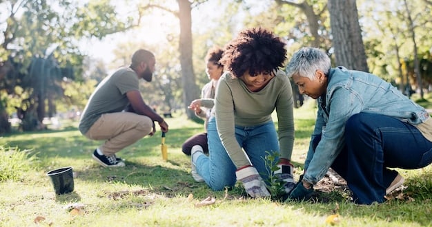 A diverse group of volunteers participating in a tree-planting event in a community park. The image shows people of all ages and backgrounds working together to plant tree saplings, emphasizing the inclusive nature of community involvement in reforestation efforts. Include elements that highlight the educational aspect of the event, such as signs explaining the benefits of trees.