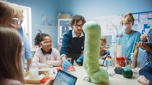A group of diverse students working together on a science project in a high school classroom. The students are engaged and collaborative, with various backgrounds represented in the group.