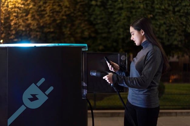 A close-up shot of an electric vehicle charging station in a city park, with people using bikes and enjoying the green space. The focus is on the renewable energy infrastructure and the integration of green transportation in urban life.