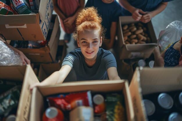 Volunteers sorting donations at a local food bank, with boxes of food items clearly visible. The image should convey a sense of purpose, collaboration, and the impact of volunteer efforts on addressing food insecurity.