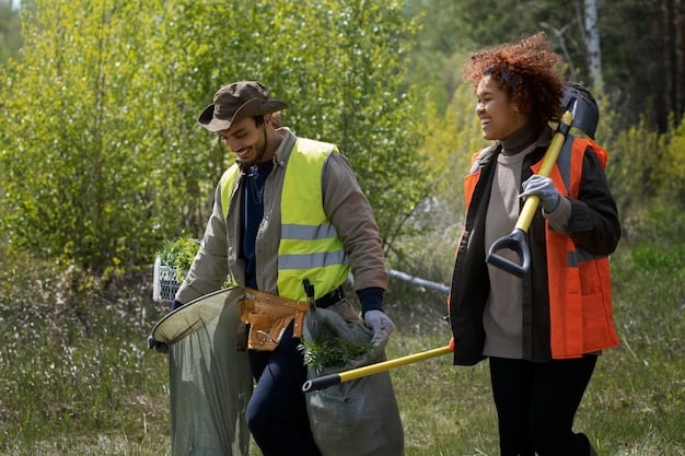 Volunteers cleaning up a local park, picking up trash and planting trees. The image should convey a sense of environmental responsibility, community pride, and the positive impact of volunteer efforts on maintaining public spaces.