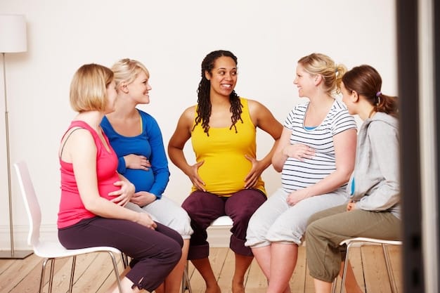 A group of pregnant women participating in a CenteringPregnancy session at a community health center. They are engaged in a peer support discussion led by a healthcare provider.
