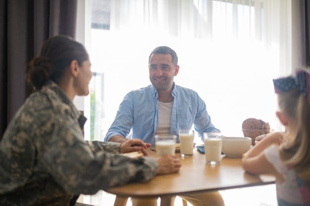A support group meeting for veterans, led by a counselor in a bright and welcoming room. The veterans are engaged in conversation, sharing experiences and offering encouragement to one another. The image conveys a sense of camaraderie, mutual support, and healing.