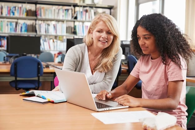 Sarah Johnson, a middle-aged teacher with a warm smile, is working with a student who is using a tablet with an educational app. They are sitting at a desk in a brightly lit classroom, and Sarah is pointing to something on the screen while offering encouragement.