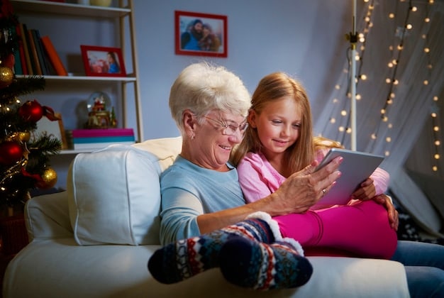 A heartwarming scene of a senior woman video calling her family on a tablet, with a wide smile on her face. The background is blurred, emphasizing the emotional connection and joy in the moment.