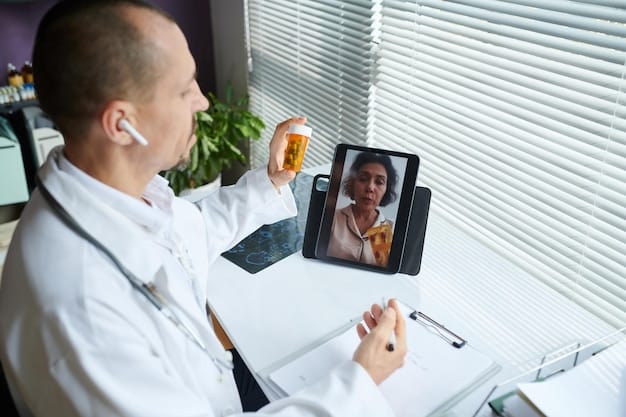 Dr. [Nome do Doutor] reviews patient data on a tablet during a telemedicine consultation. The patient, an elderly woman, sits comfortably in her home, highlighting the ease and convenience of the virtual visit. Focus on the doctor's focused but empathetic expression.