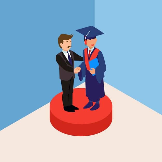 A young man in a graduation gown shakes hands with the CEO on a stage, both smiling broadly. A banner in the background displays the name of the scholarship program, symbolizing achievement and the culmination of hard work.
