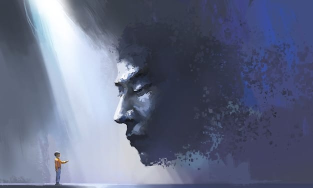 A digital painting of a person emerging from darkness into light, symbolizing recovery from mental illness. The artwork is surrounded by supportive messages and encouraging words.