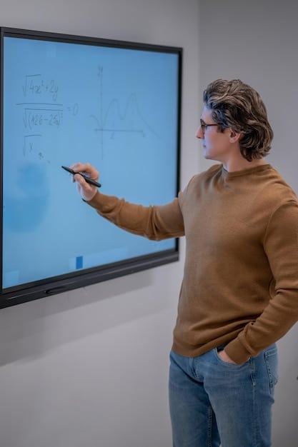A close-up shot of a teacher using a digital whiteboard to explain a complex mathematical concept to a group of attentive high school students. The students are actively participating, asking questions, and solving problems on the board. The focus is on the modern technology and the interactive learning environment.