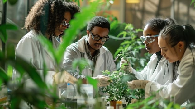 A diverse group of scientists collaborating in a research lab, examining plant samples and discussing data. The lab is filled with advanced equipment and monitors displaying climate models, emphasizing the collaborative and data-driven nature of their work.