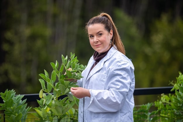 A scientist standing in a lush forest, holding a seedling and smiling. The background features a vibrant landscape with diverse flora and fauna, symbolizing the importance of environmental conservation and sustainable development.
