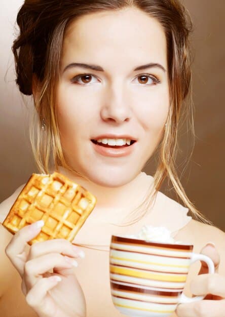 A split image showing a side-by-side comparison: on one side, a person enjoying sugary snacks and drinks; on the other side, the same person opting for 