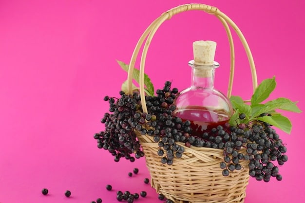 A close-up shot of dark purple Elderberries on a branch, with green leaves in the background, and a bottle of elderberry syrup beside it.