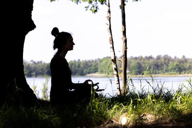 A person meditating outdoors in a peaceful setting, focusing on their breath, with sunlight gently illuminating their face, depicting the serenity and focus of mindfulness practice.