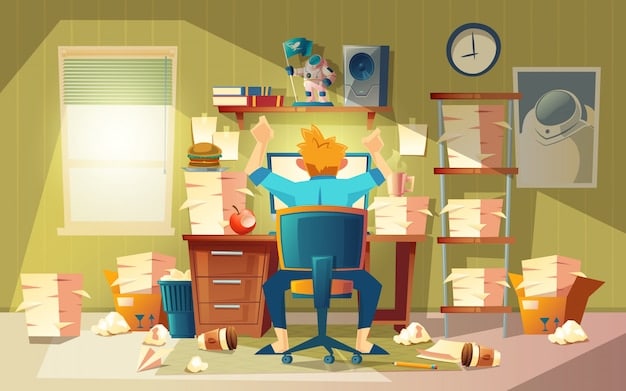 A frustrated office worker sitting at their desk, surrounded by piles of paperwork, looking overwhelmed and exhausted. The scene suggests a stressful work environment compounded by sleep deprivation.