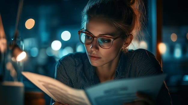 A person wearing blue light blocking glasses and reading a physical book in a dimly lit room. The setting is peaceful and relaxing, with soft lighting and comfortable furniture. The image emphasizes alternative evening activities that do not involve screens.
