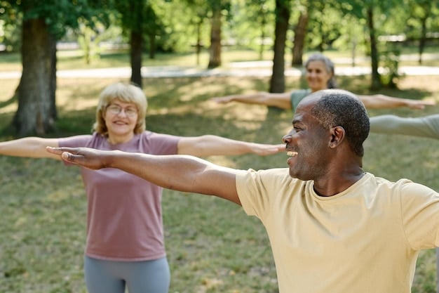 A diverse group of people exercising together in a park, showcasing different forms of physical activity.