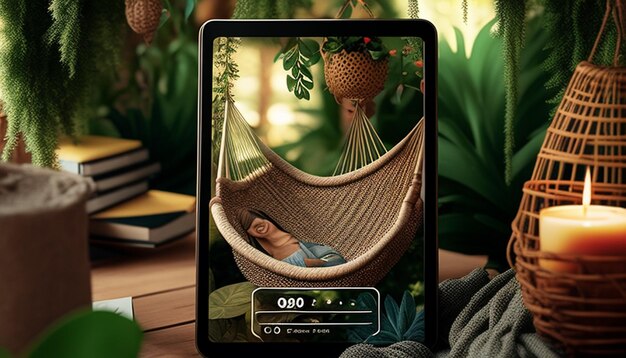 A screenshot of the Calm app on a tablet, showing a serene nature scene accompanied by soothing music and a sleep story title.