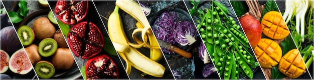 A split-screen image showing, on one side, fresh, whole foods like fruits, vegetables, and grains, and on the other side, a variety of heavily processed foods such as frozen dinners, sugary cereals, and fast food items. This juxtaposition visually represents the contrast between healthy and less healthy dietary choices.