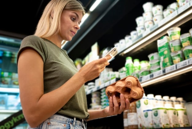 A person carefully reading the nutrition label on a processed food package, focusing on the sections that list sugar, sodium, and fat content, with a magnifying glass enhancing the text for better visibility.