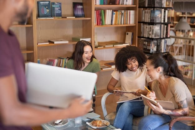 A photo of volunteers tutoring students in a local library, showcasing community involvement in education.