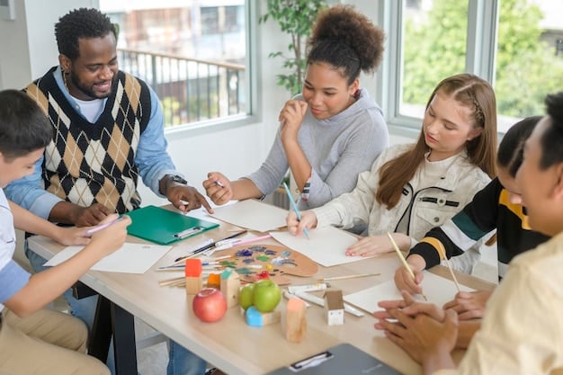 A photo of a classroom with diverse students engaged in a group project, with the teacher facilitating. The image symbolizes collaborative learning and the importance of equitable access to education.