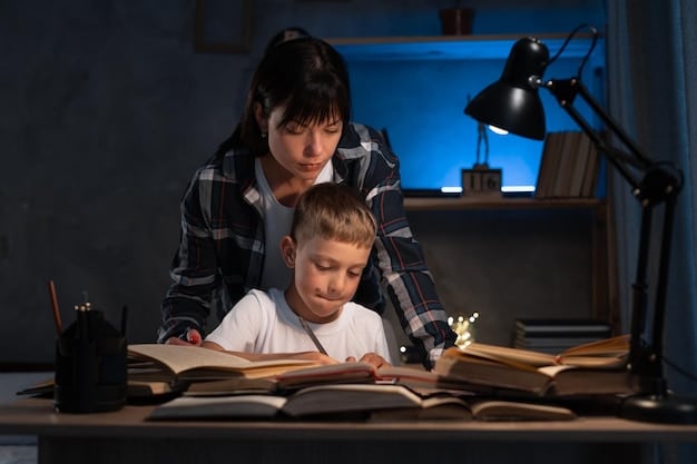 A person tutoring a child in a brightly lit classroom, with books and educational materials visible in the background. The atmosphere is encouraging and supportive, highlighting the importance of education.