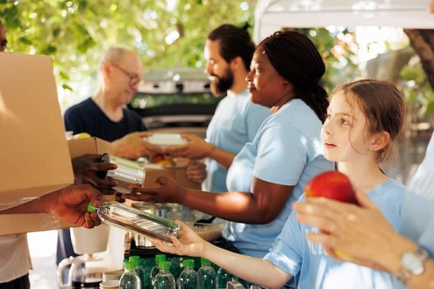 Employees participating in a team-building activity while volunteering at a local food bank, sorting and packing food items. The employees are smiling and engaged, showing the positive impact of corporate volunteering.