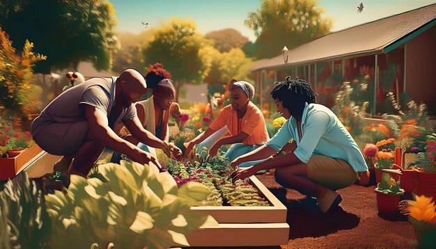 A vibrant community garden with raised beds full of vegetables and herbs. People of different ages are tending to the garden, watering plants and harvesting produce. The garden is located in an urban area, with apartment buildings visible in the background.