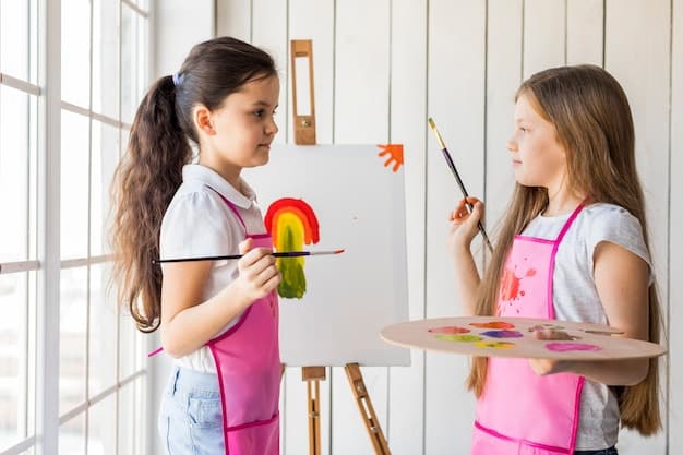 Children painting and drawing at easels, expressing their creativity with a variety of colors and art supplies during an art enrichment activity.