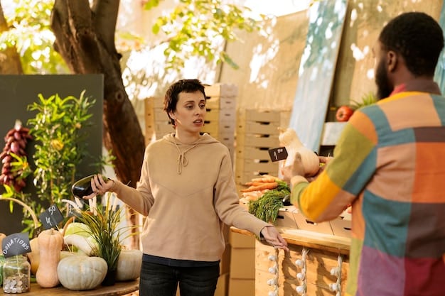 A person using a reusable shopping bag at a farmers market, filled with locally sourced fruits and vegetables. The background is a bustling market scene with other vendors and shoppers.
