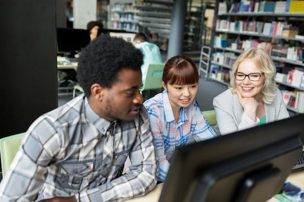 A group of adults attending a digital literacy class in a public library. The instructor is demonstrating how to use a computer, and the participants are engaged and taking notes.