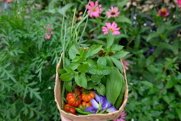 A close-up shot of various vegetables and herbs growing in a community garden, showcasing the diversity of plant life, vibrant colors, and the healthy growth of the produce, illustrating the garden's role in providing access to nutritious food.