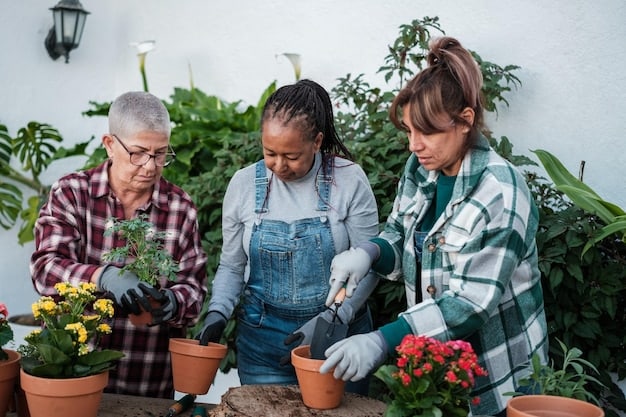 A group of diverse community members working together in a garden, planting seedlings, and sharing gardening tips with each other, highlighting the inclusive and collaborative nature of community gardens.
