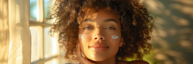 A woman applying sunscreen to her face, highlighting the importance of consistent sun protection. The background features a sunny outdoor setting to underscore the need for sun protection.