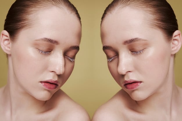 A split-screen image showing the before-and-after effects of dermal filler treatment. On one side, a face with visible wrinkles and volume loss; on the other, a smoother, more youthful face after filler injections.