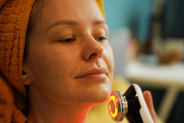 A close-up of a patient receiving a radiofrequency treatment on their face, with a technician carefully applying the device to stimulate collagen production. The focus is on the device and the patient's skin, showcasing the precision of the procedure.