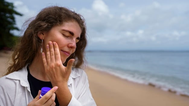 A woman applying sunscreen to her face, emphasizing the importance of sun protection in maintaining the results of a non-surgical facelift. The focus is on the sunscreen bottle and the woman's hand, highlighting the protective action.