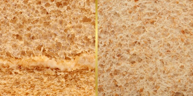 A side-by-side comparison of two slices of bread: one is white bread with a soft, fluffy texture, and the other is whole wheat bread with visible grains and a denser texture.