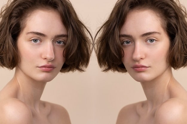 Before-and-after photos of a woman who has undergone a facial thread lift. The photos highlight the subtle lifting effect on the cheeks and jawline, as well as the improved skin texture.