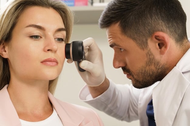 A dermatologist examining a patient's under-eye area with specialized lighting to assess skin thickness and pigmentation. The dermatologist is using a magnifying glass for detailed inspection.