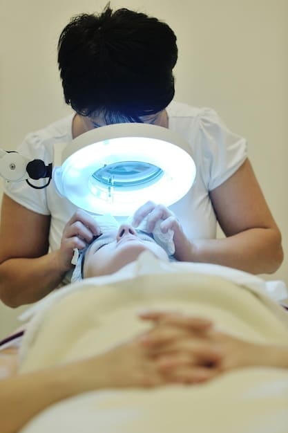 A radiofrequency device being used on a patient's face in a clinical setting. The focused light and the RF device highlight the precision of the treatment.