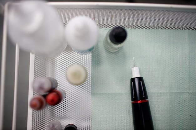 A close-up of various facial aesthetics tools and products, such as syringes, vials, and lasers, arranged on a clean medical tray, representing the range of available treatments.