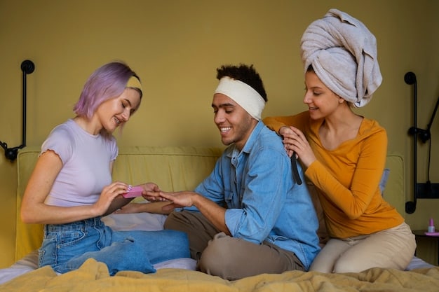 A person with a bandage and splint on their nose is resting in bed. They have ice packs on their cheeks. The room is dimly lit and appears comfortable, with soft blankets and pillows. This highlights the recovery period post-rhinoplasty.