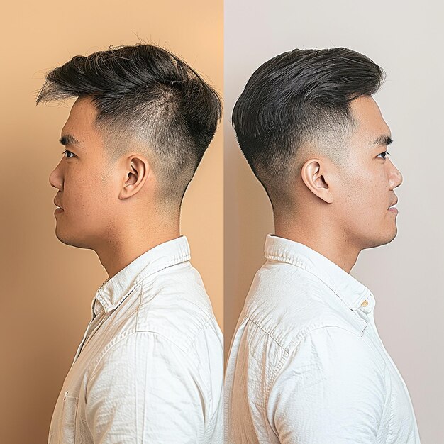 A split-screen image showcasing a patient's profile before and after chin augmentation. The 