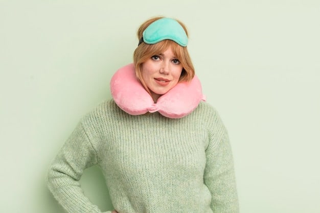 A woman resting comfortably at home wearing a neck compression garment after neck lift surgery. She is elevating her head with pillows.